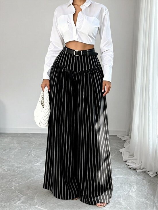 Pants - Black Casual Women's French Style Drapey Striped Wide Leg Long Pants